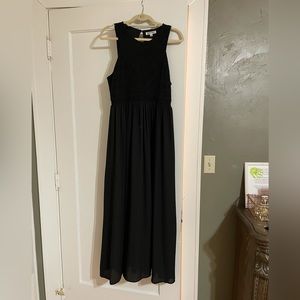 Black maxi dress with embroidered top and lined tulle bottom